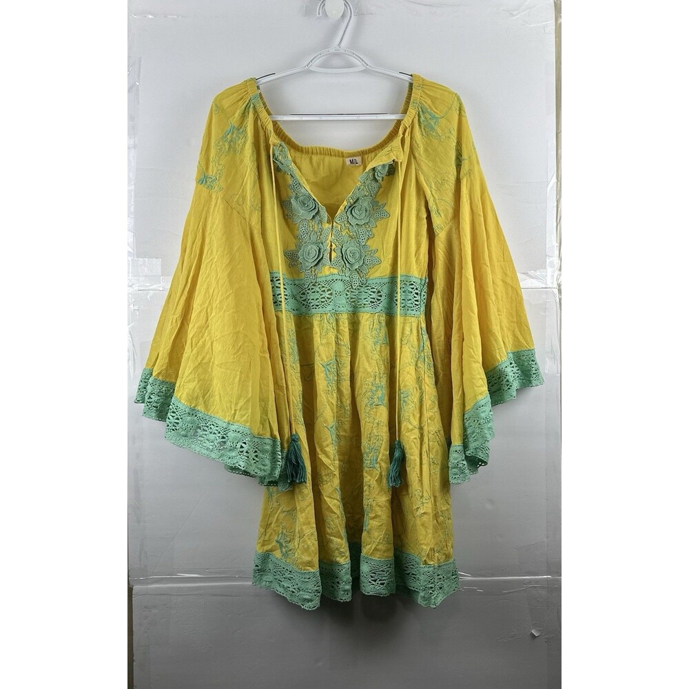 Boho Yellow Cotton Top Mint Lace Trim Embroidered Floral Size M/L